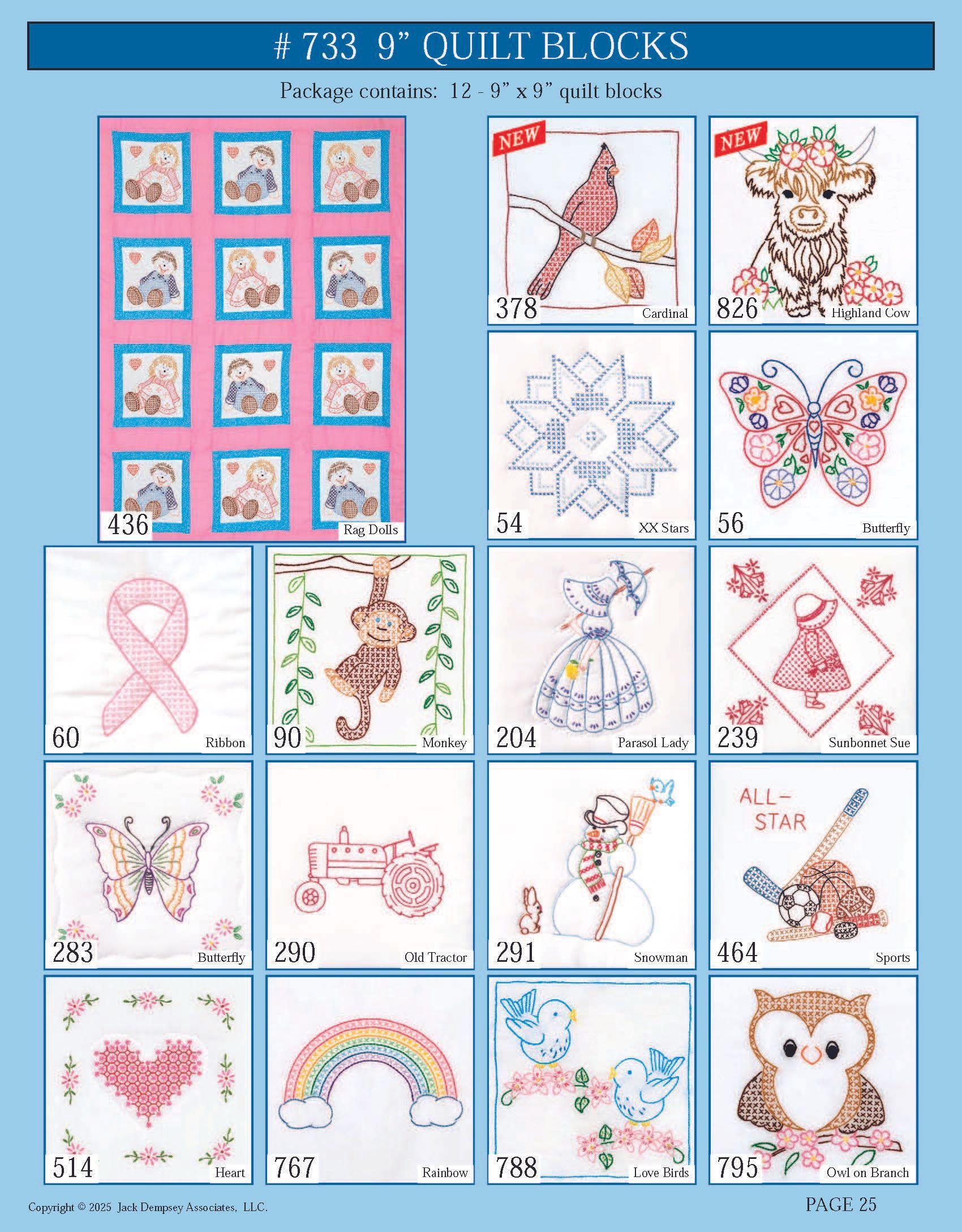 A catalog of various 9-inch square embroidery quilt blocks, including birds, flowers, animals, and seasonal motifs.