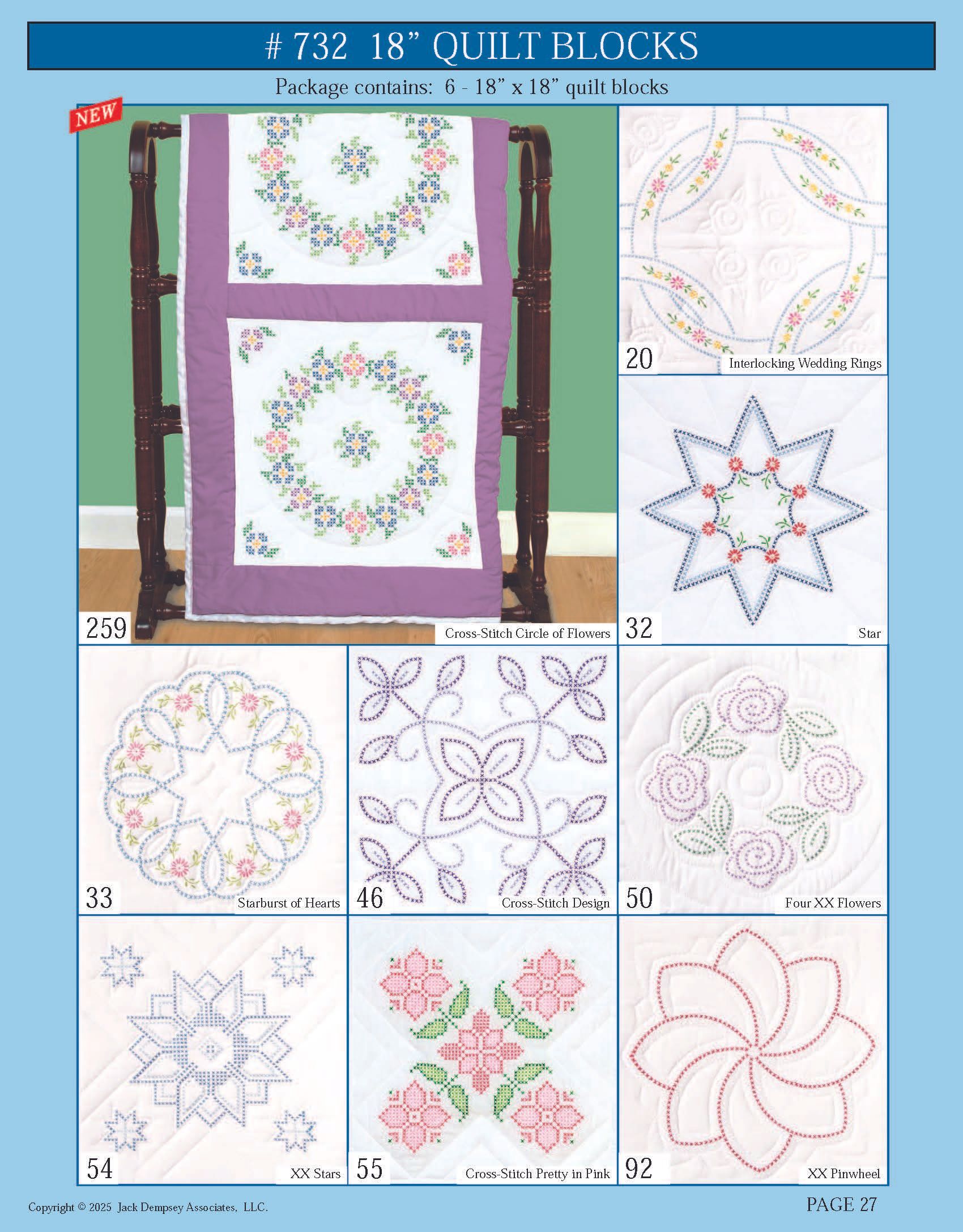 A product sheet showing nine 18-inch quilt block embroidery patterns featuring floral wreaths, stars, and geometric motifs.
