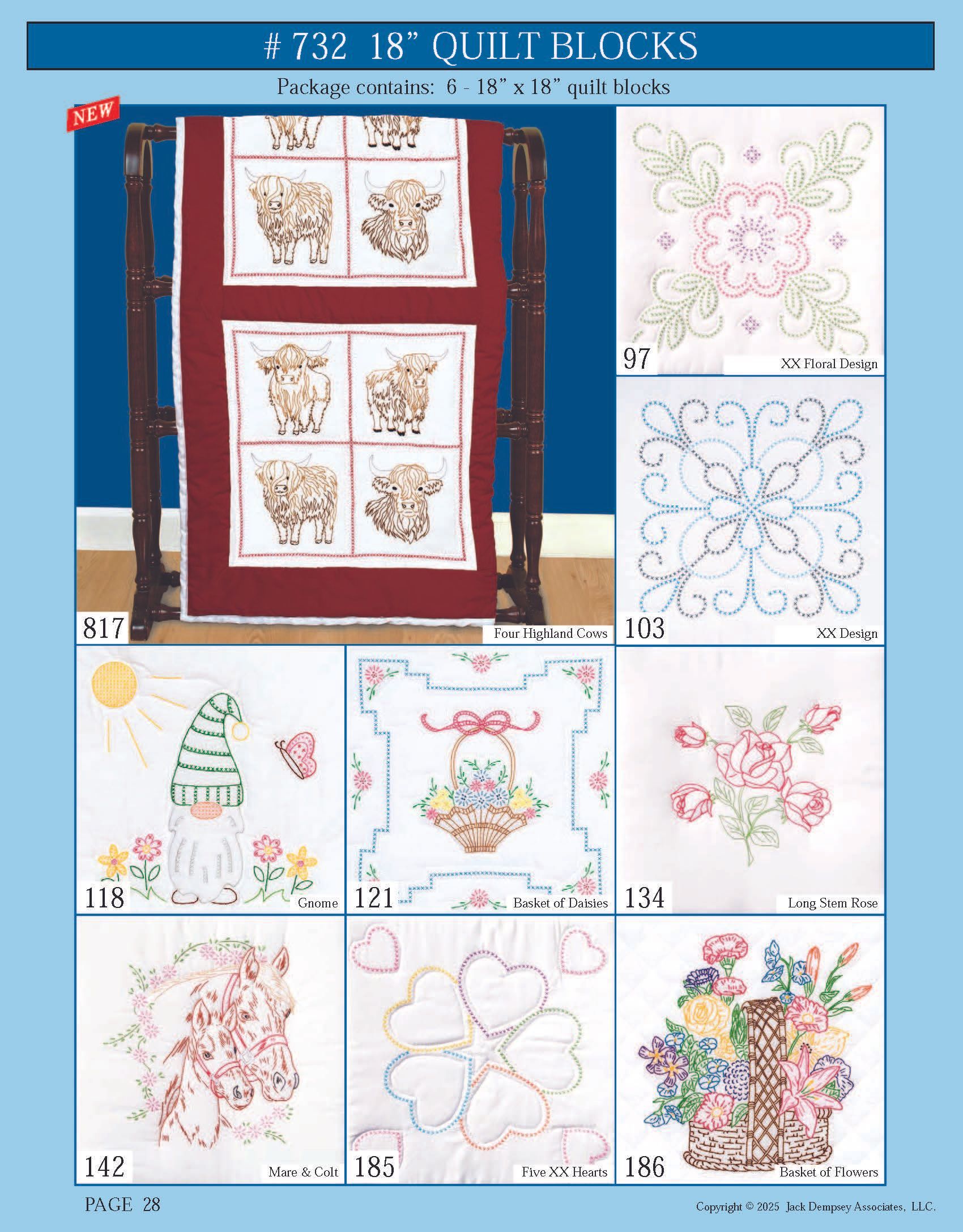 A catalog page featuring various embroidered quilt block patterns, including highland cows, floral, gnome, and heart motifs.