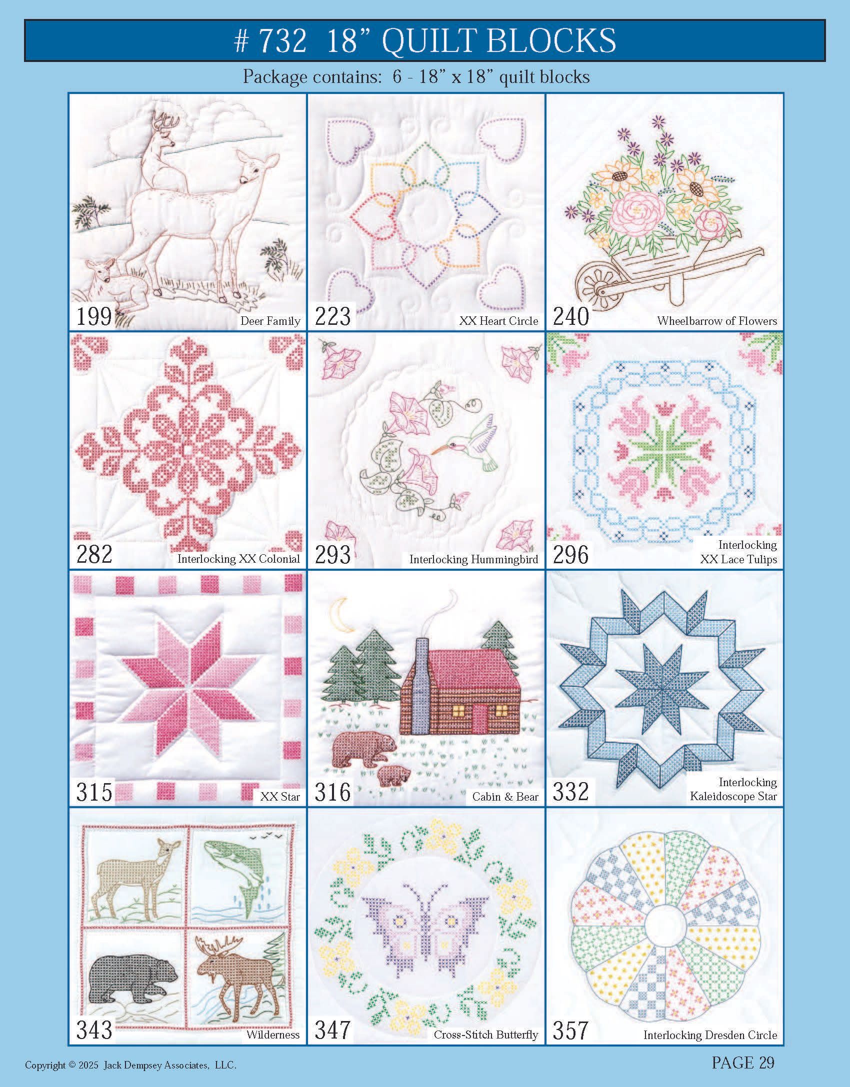 A display of 12 numbered, decorative quilt block embroidery patterns arranged in a grid, featuring floral, animal, &  shapes.