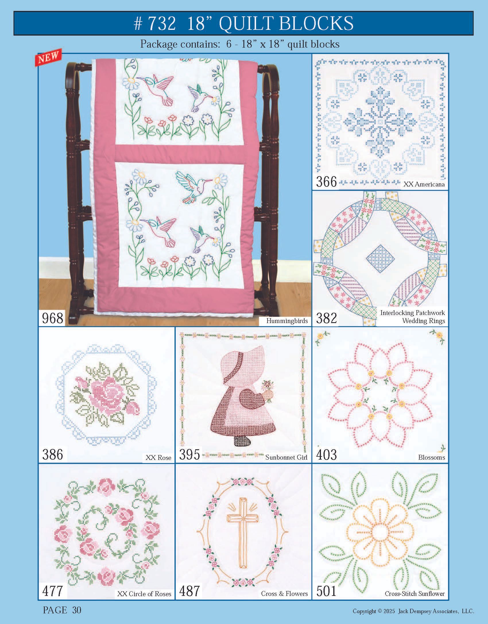 A catalog page showing various embroidered quilt block patterns, including floral, religious, and folk motifs.