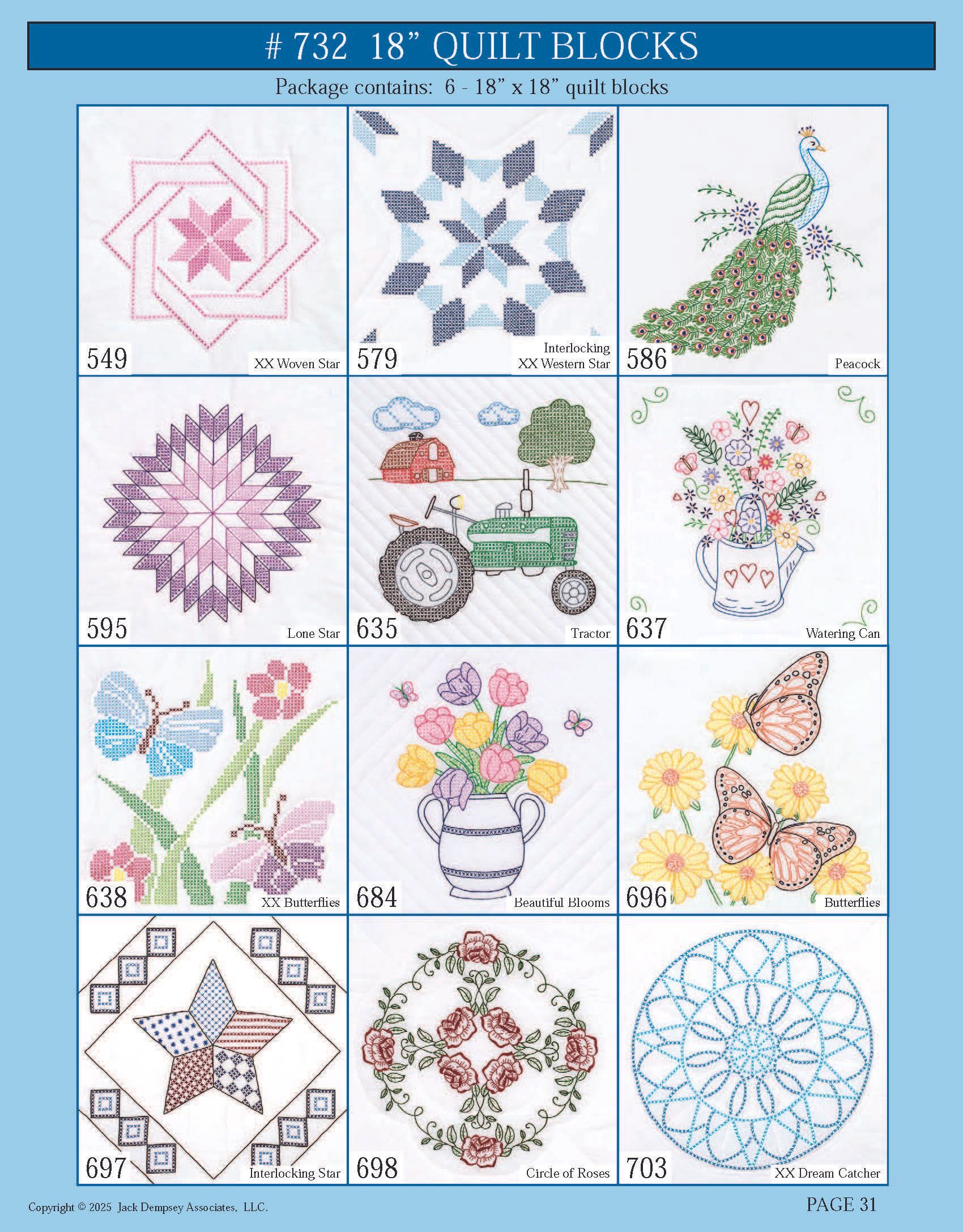 A catalog page showing twelve distinct, embroidered quilt block patterns featuring geometric designs, flowers, and scenes.