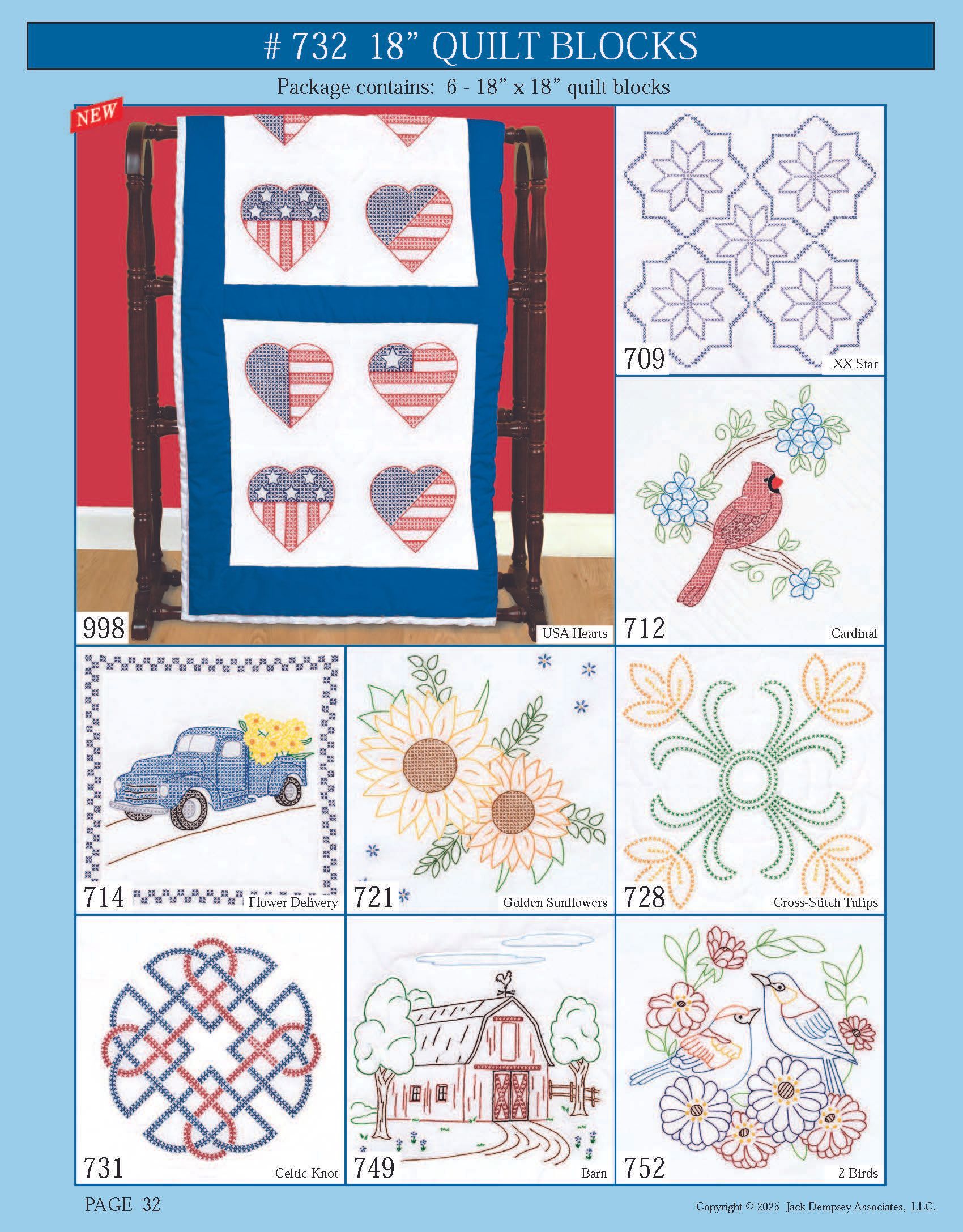 A product catalog page for 18-inch quilt blocks featuring patterns like American hearts, a cardinal, and a farm scene.