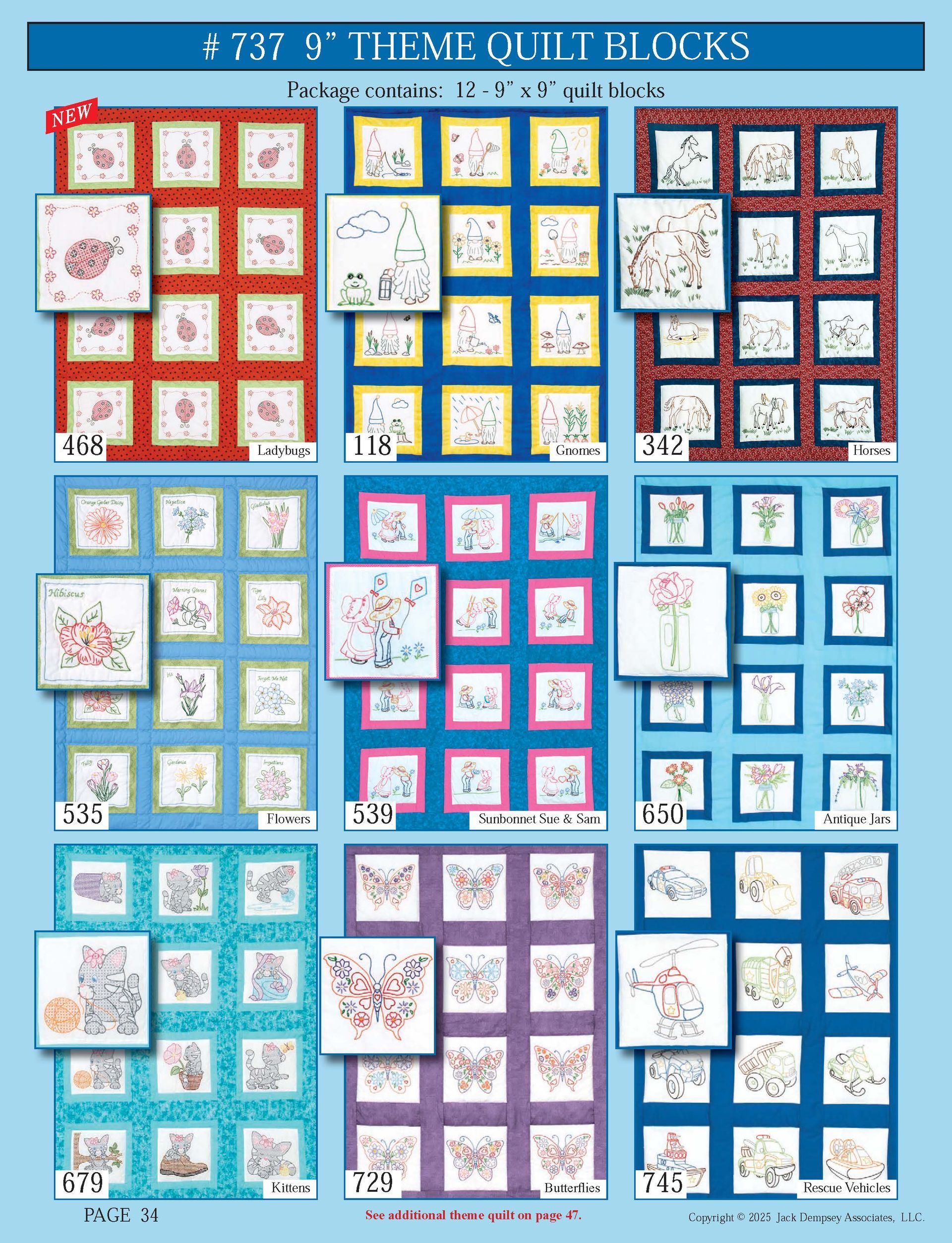A product display sheet showing nine quilt designs, each featuring a grid of twelve embroidered fabric blocks.
