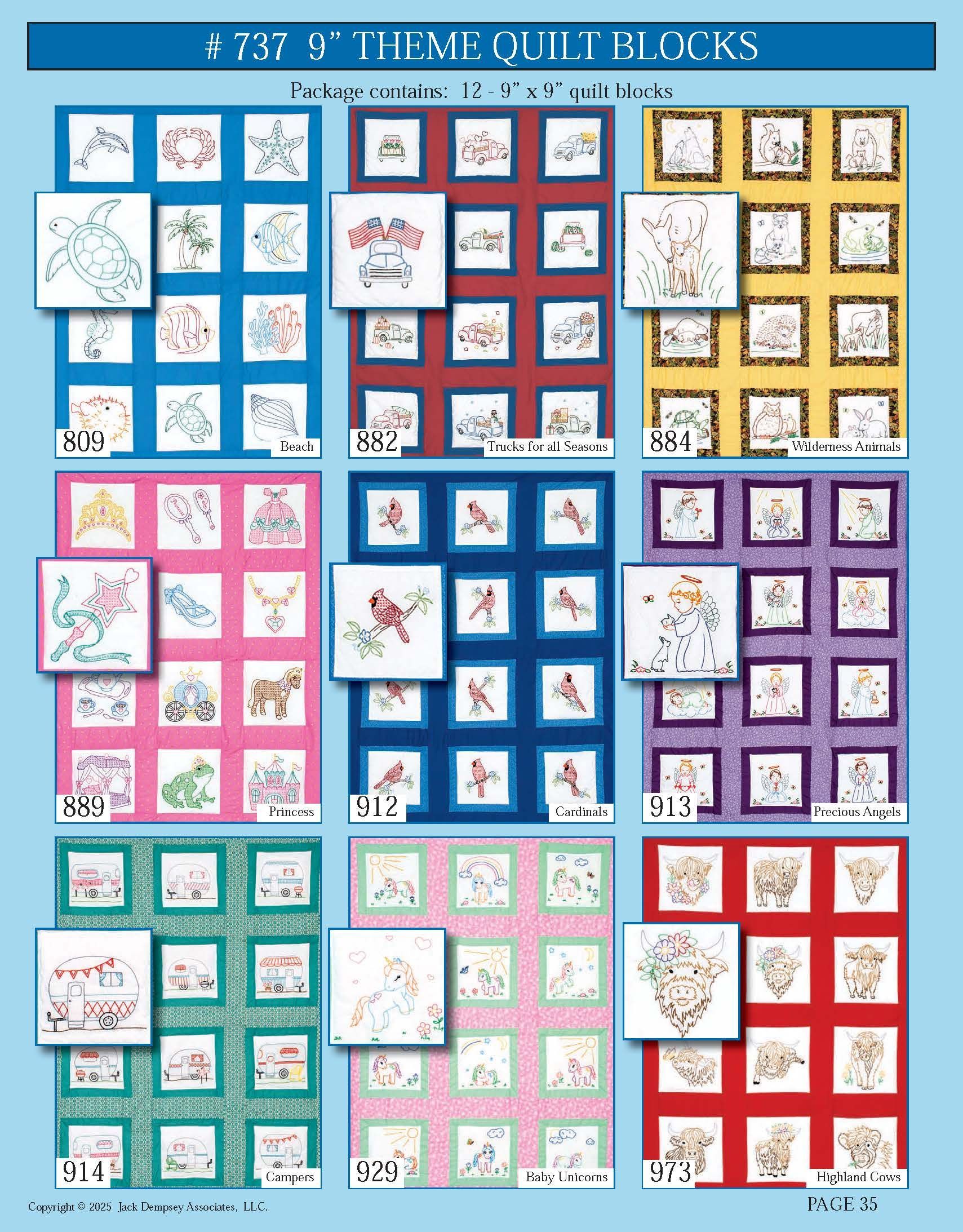 A collage of nine quilt patterns with different colored borders, featuring various embroidered scenes in each square.