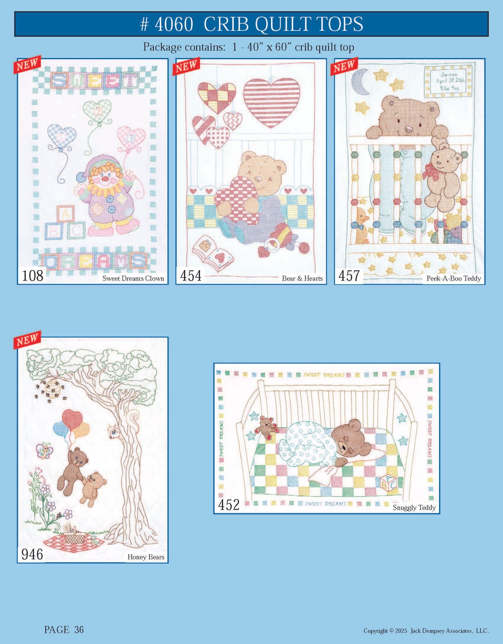 A catalog page showing five cross-stitch quilt top designs featuring teddy bears, balloons, and hearts for nurseries.
