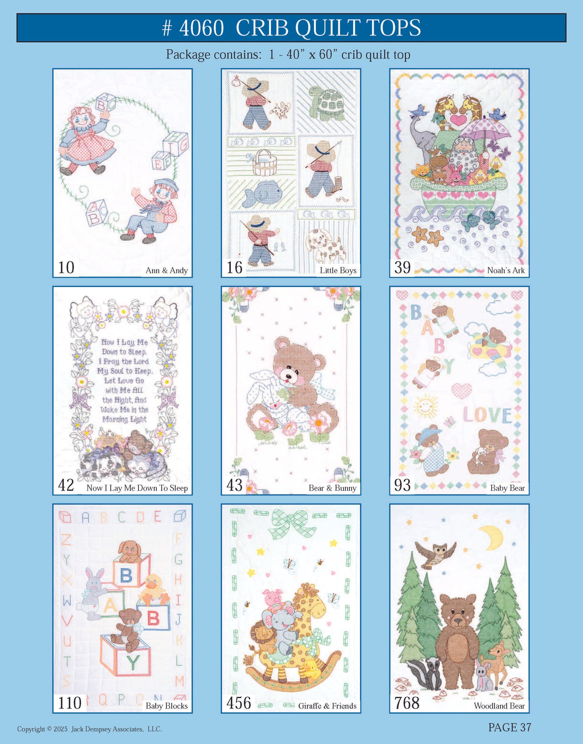 A catalog page displaying nine varied baby quilt top designs featuring cute animals, floral patterns, and playful motifs.