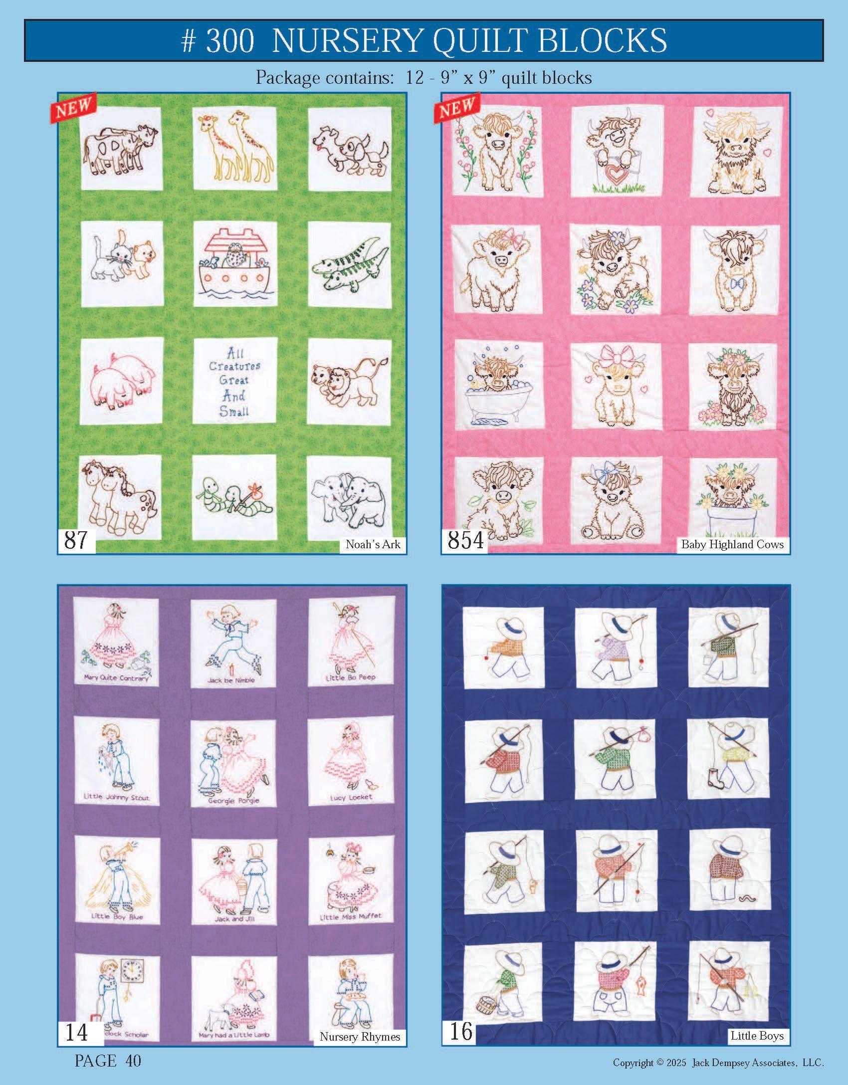 Four quilt designs with nursery-themed embroidery blocks, arranged in grids on green, pink, purple, and blue backgrounds.