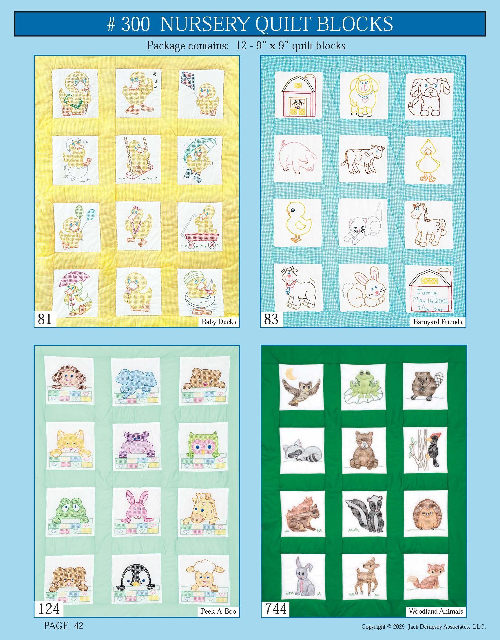 A display of four nursery quilt patterns, each featuring 12 animal-themed embroidered blocks on different colored fabric.