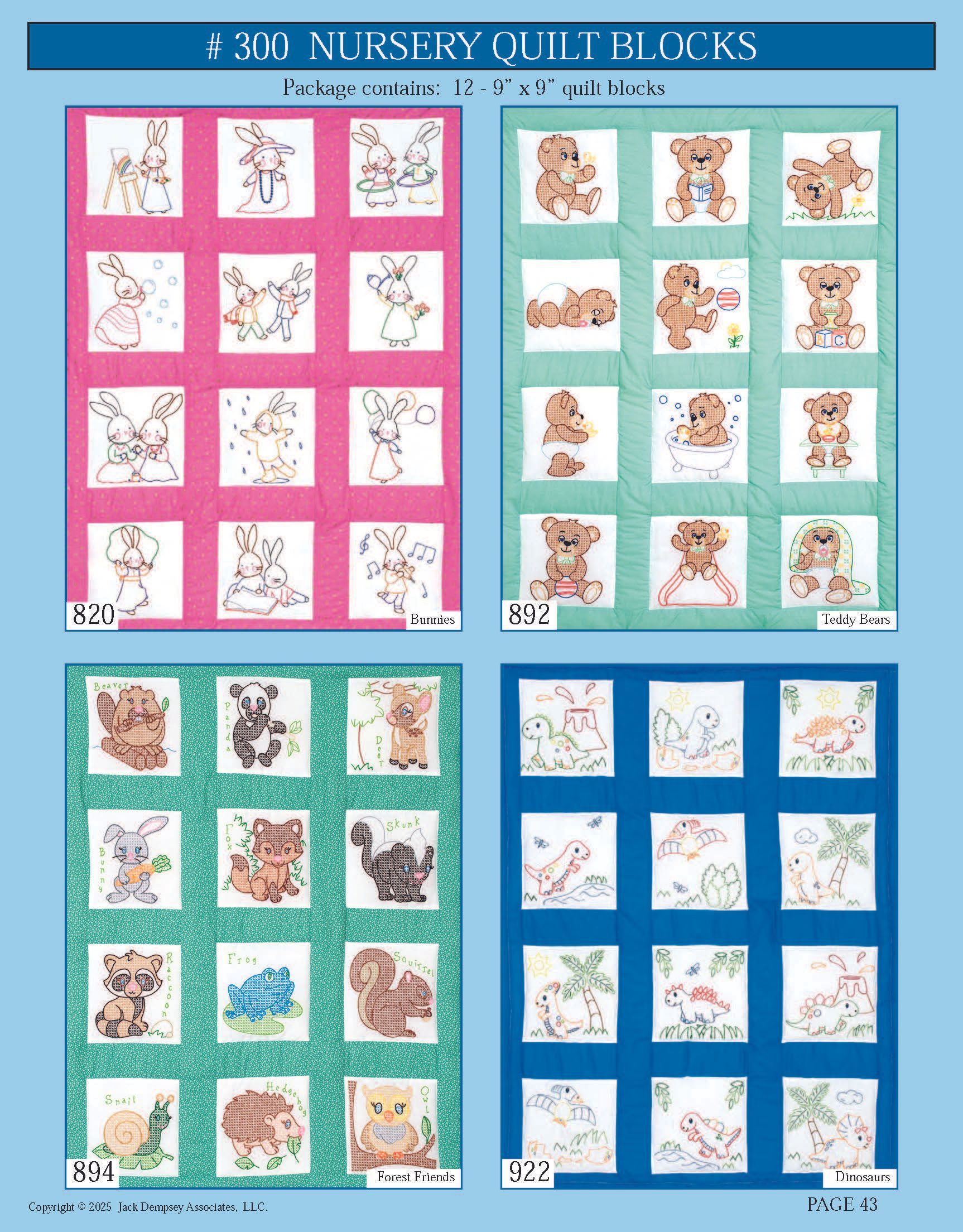 A catalog page displaying four grids of nursery-themed quilt blocks featuring embroidered animals in blue, pink, and green.