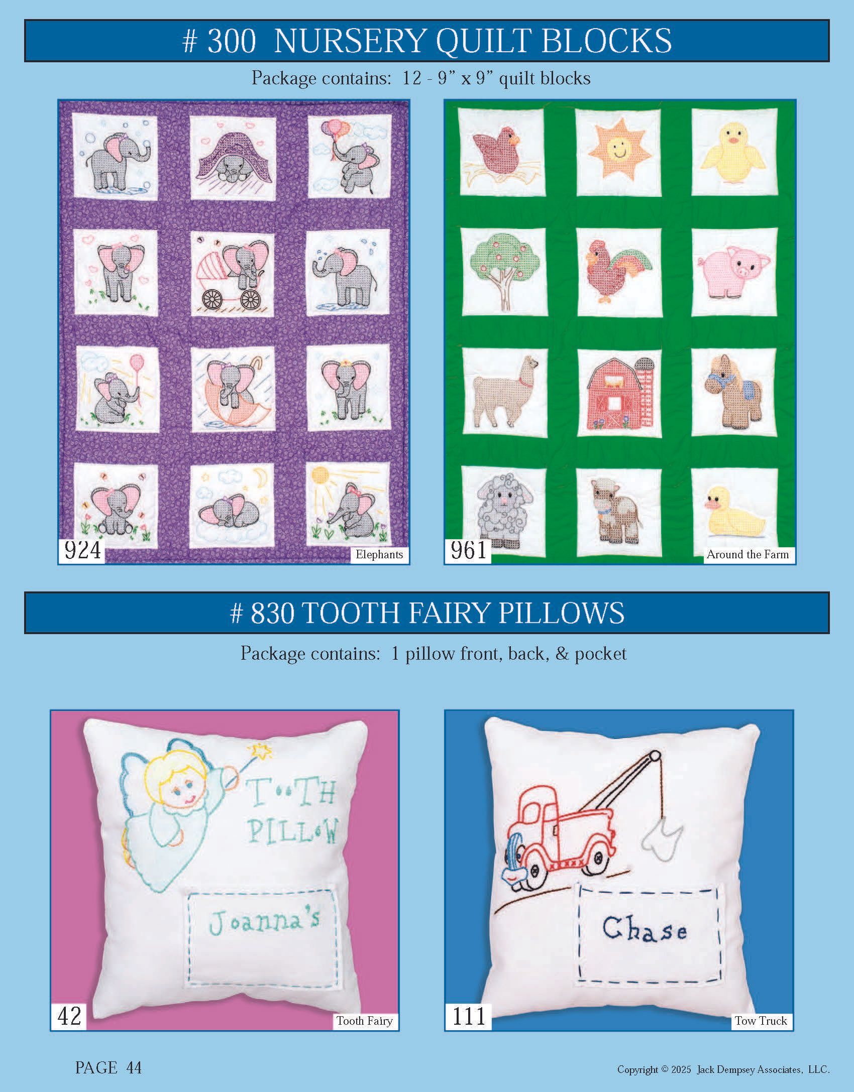 A collage showing nursery quilt block patterns with animal designs and two personalized embroidered nursery pillows.