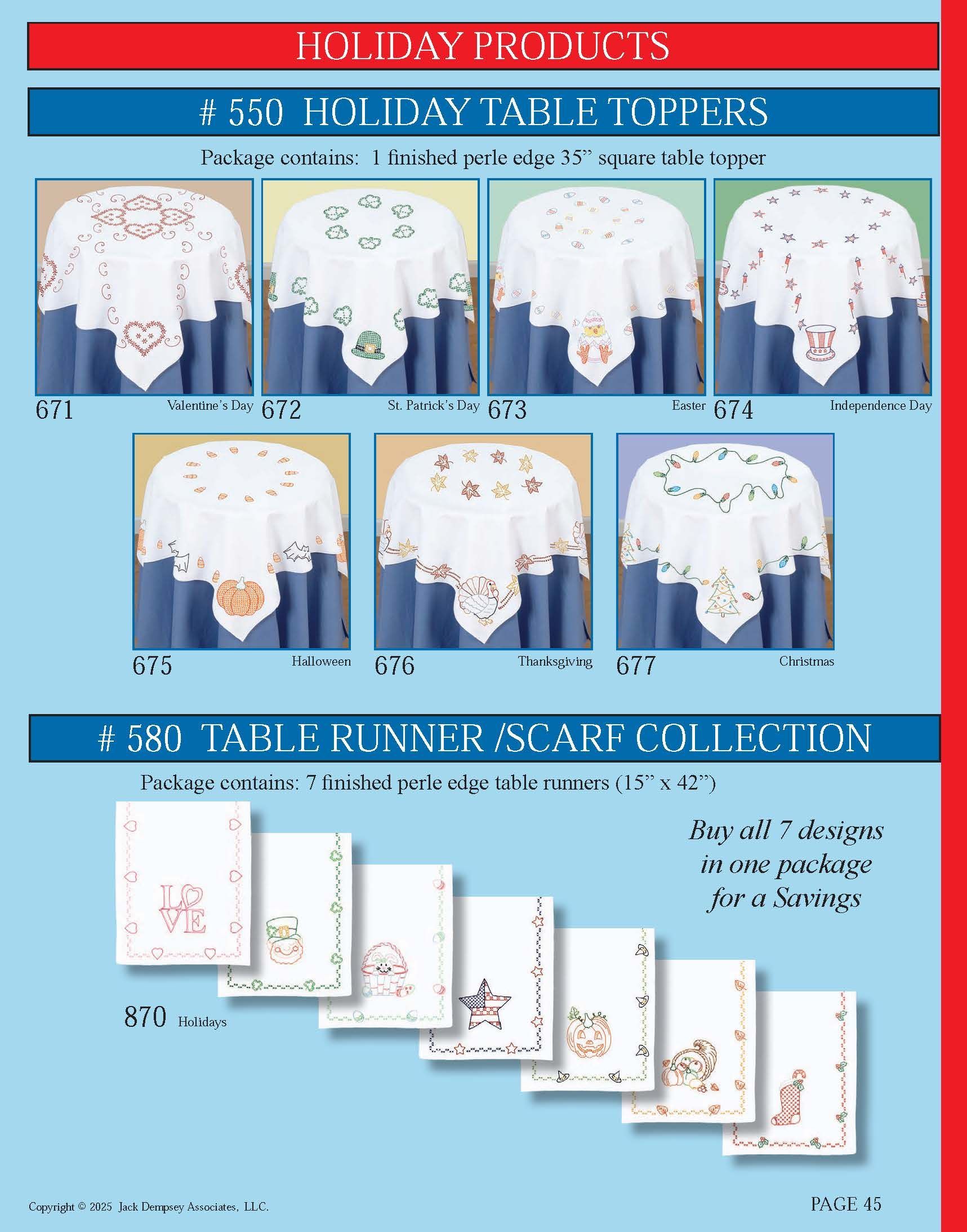 A product catalog page featuring various embroidered holiday tablecloths and table runners with festive seasonal designs.
