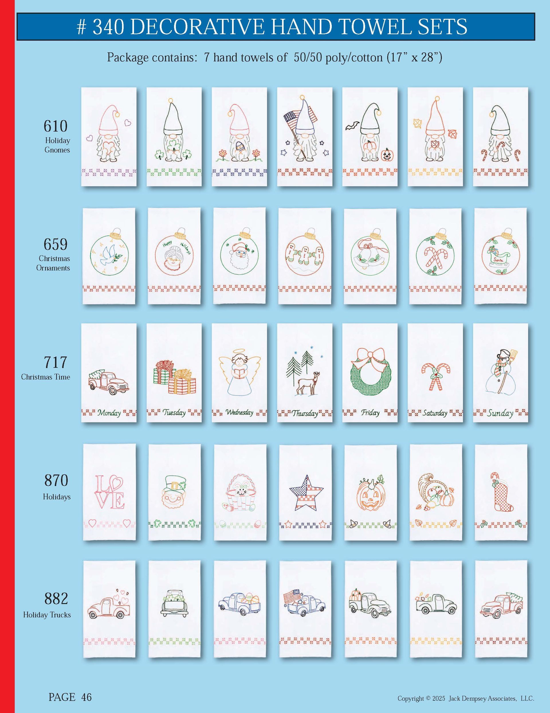 Catalog of 35 decorative hand towel designs categorized by theme, including seasonal, holiday, and everyday motifs.