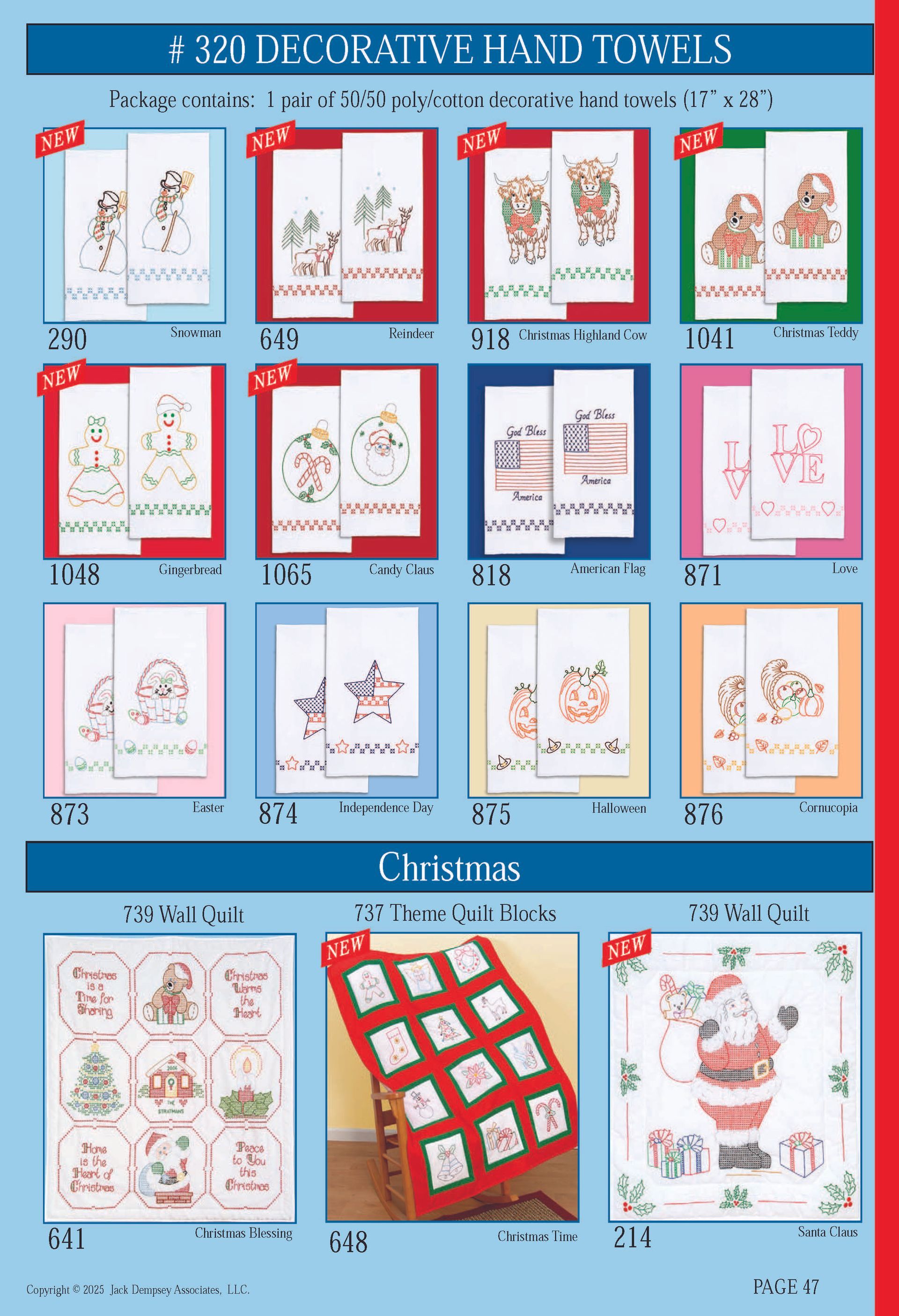 A product catalog page featuring various embroidered decorative hand towels and holiday-themed craft kits.
