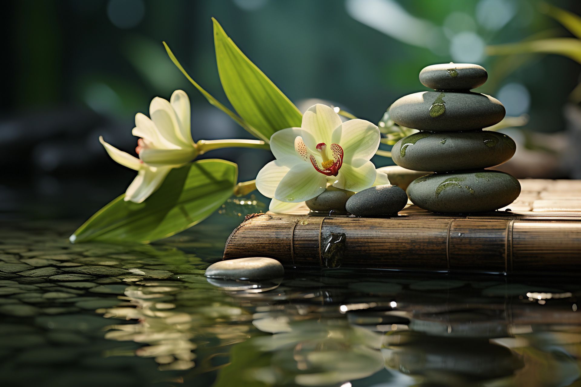 A stack of rocks and a flower in the water