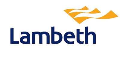 A lambeth logo with a yellow and white flag on a white background