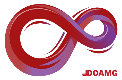 Um símbolo do infinito vermelho e roxo com a palavra doamg abaixo dele