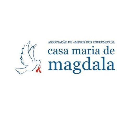 Um logotipo para a casa maria de magdala com uma pomba e uma fita vermelha