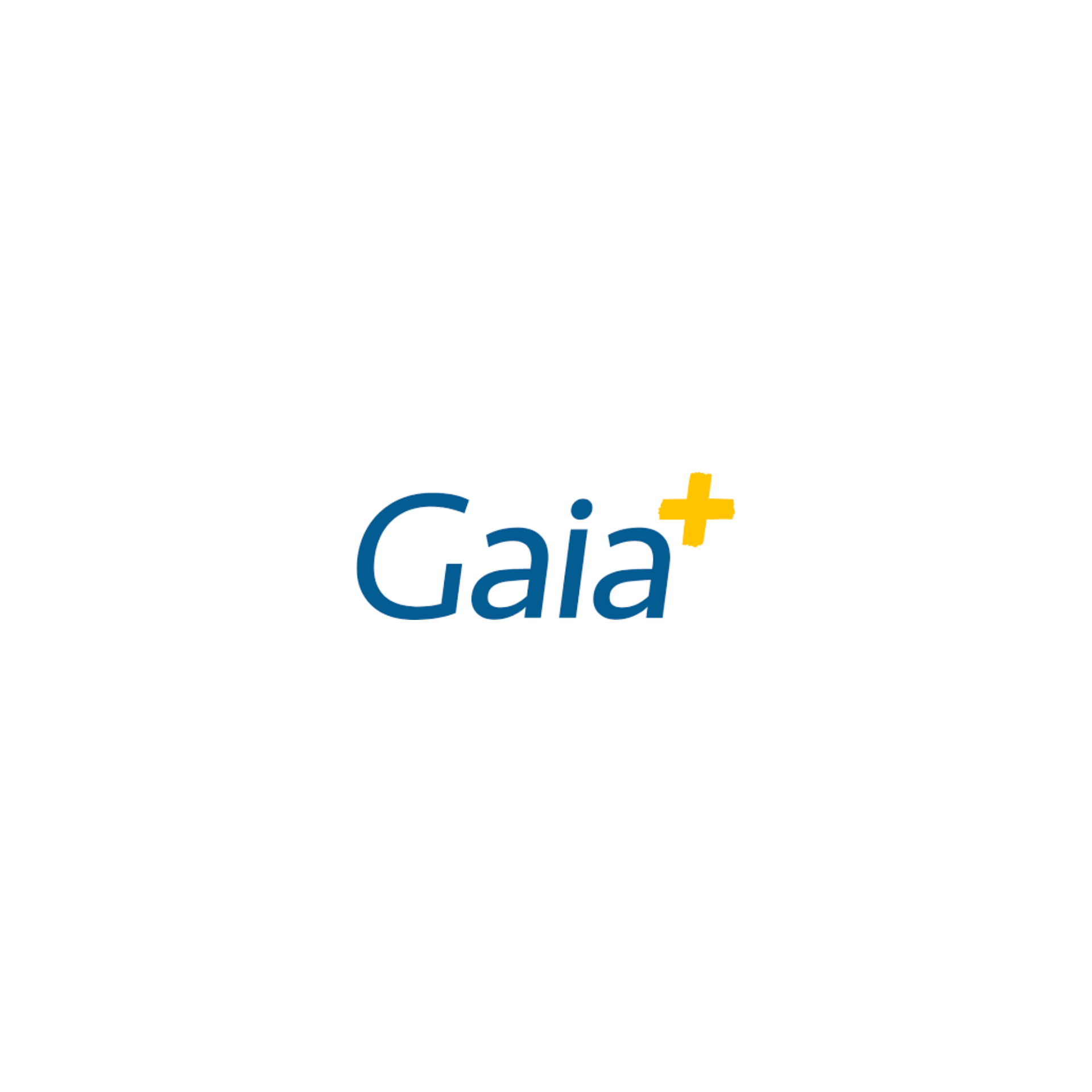Um logotipo azul e amarelo para gaia plus em um fundo branco.