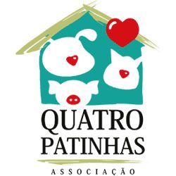 O logotipo de quatro patinhas é uma casa com cachorro, gato e coração.