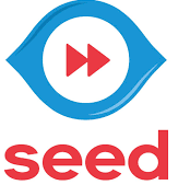 Um logotipo de uma empresa chamada seed com olhos azuis e setas vermelhas.
