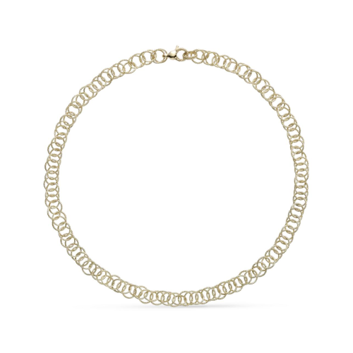 Una collana con catena d'oro è raffigurata su uno sfondo bianco.