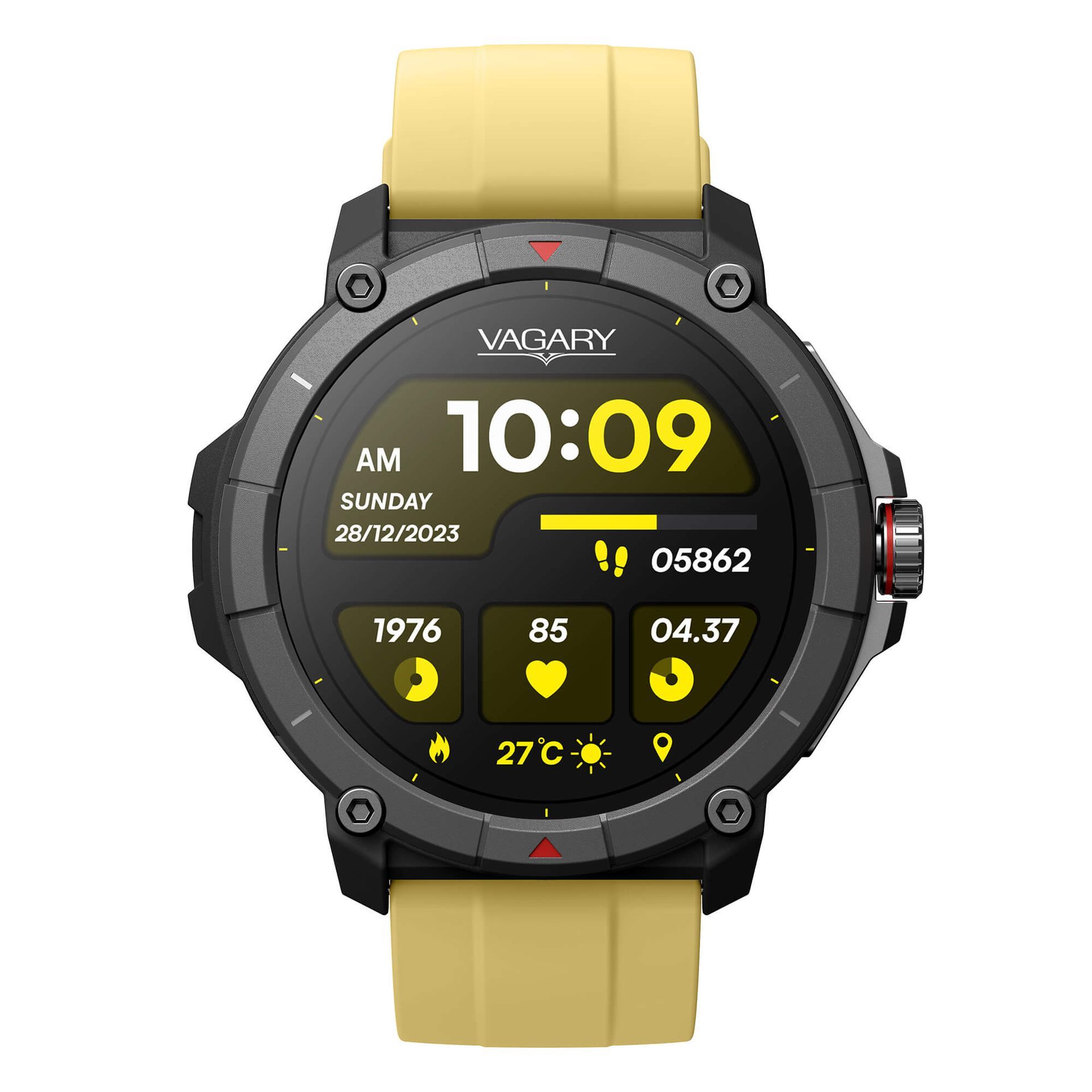 Uno smartwatch con cinturino giallo e quadrante nero.