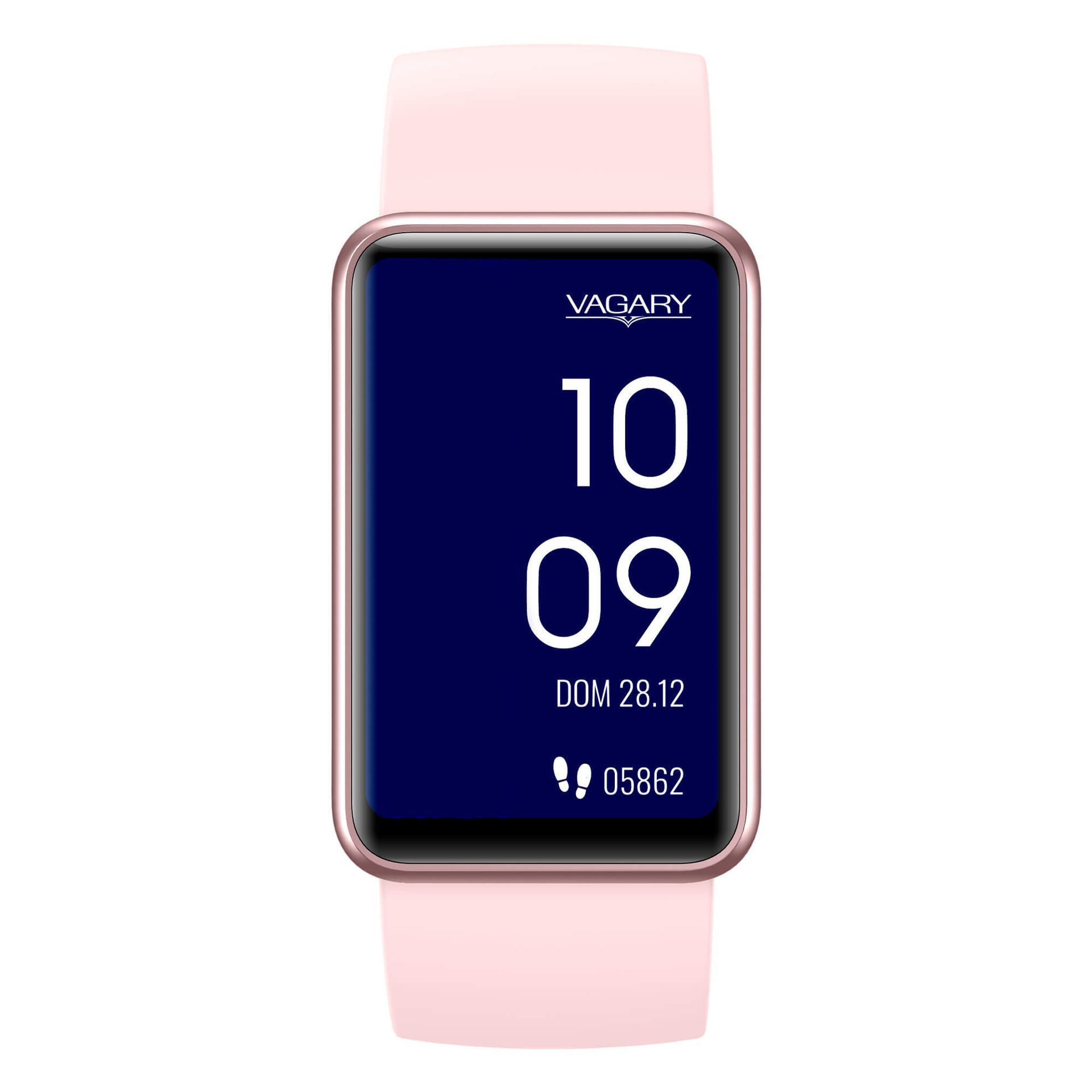 Uno smartwatch con cinturino rosa e schermo blu.