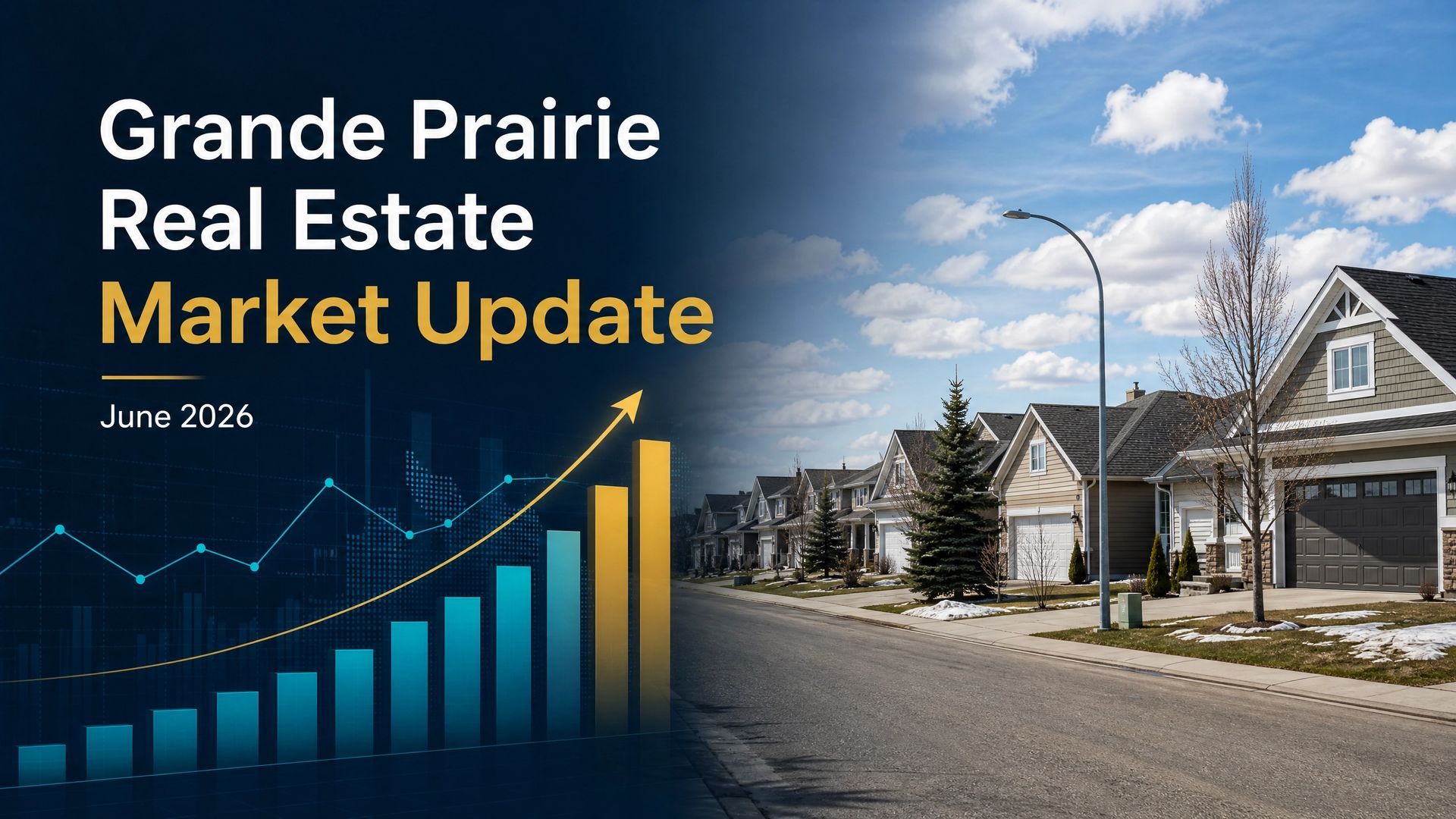 Grande Prairie real estate market update with rising chart and residential street scene