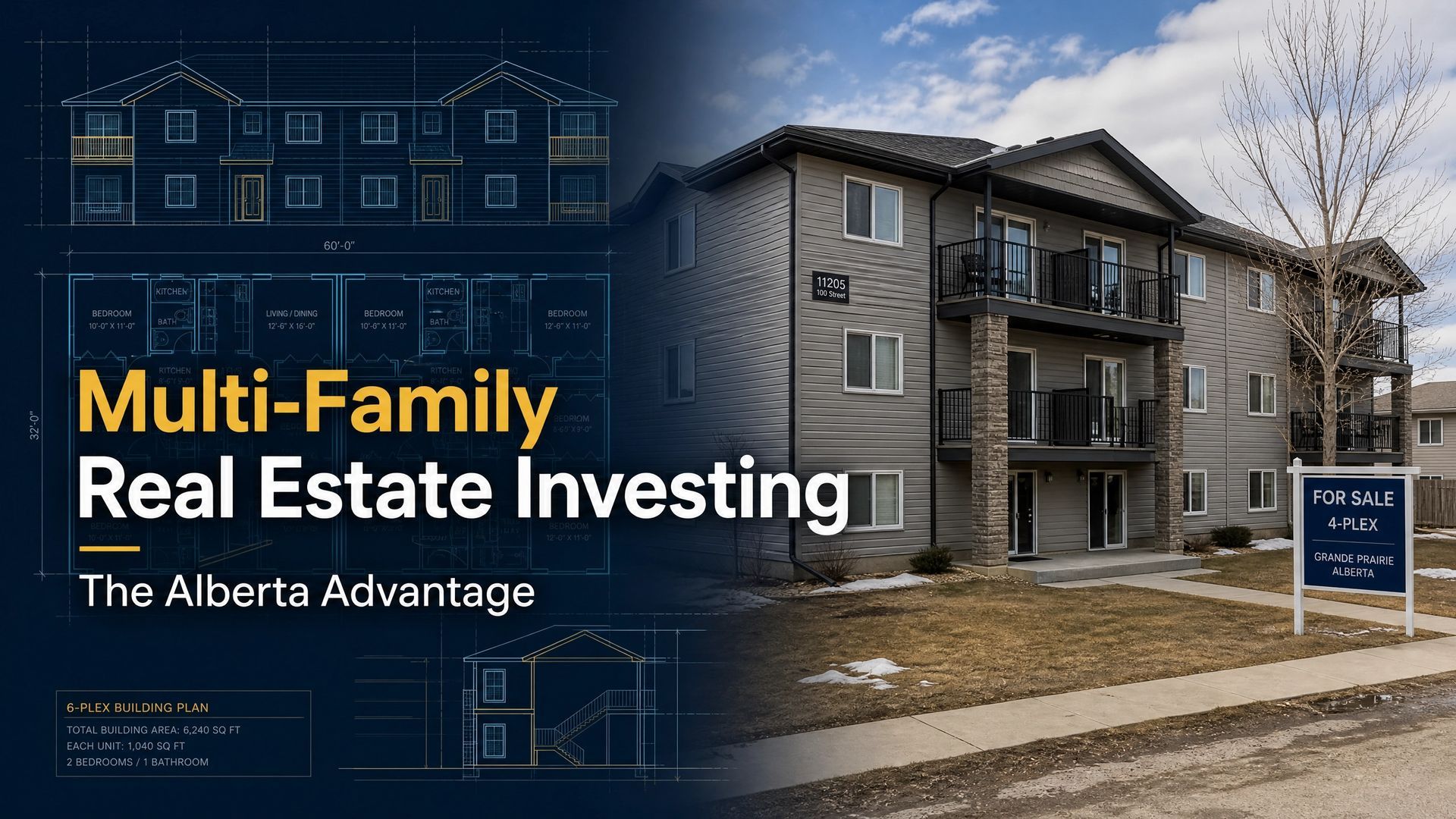 Multi-family real estate investing graphic with apartment building and blue Alberta Advantage text