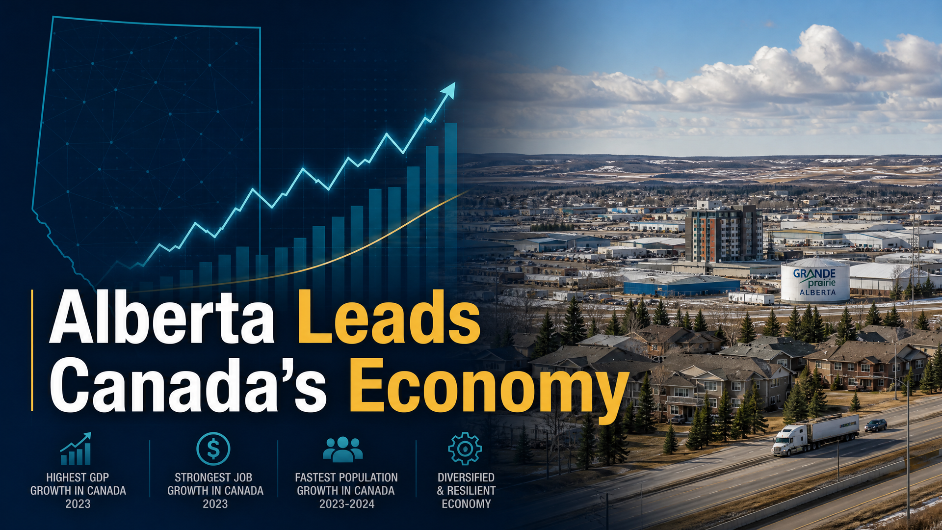 Alberta city skyline with “Alberta Leads Canada’s Economy” text and rising chart on a blue panel