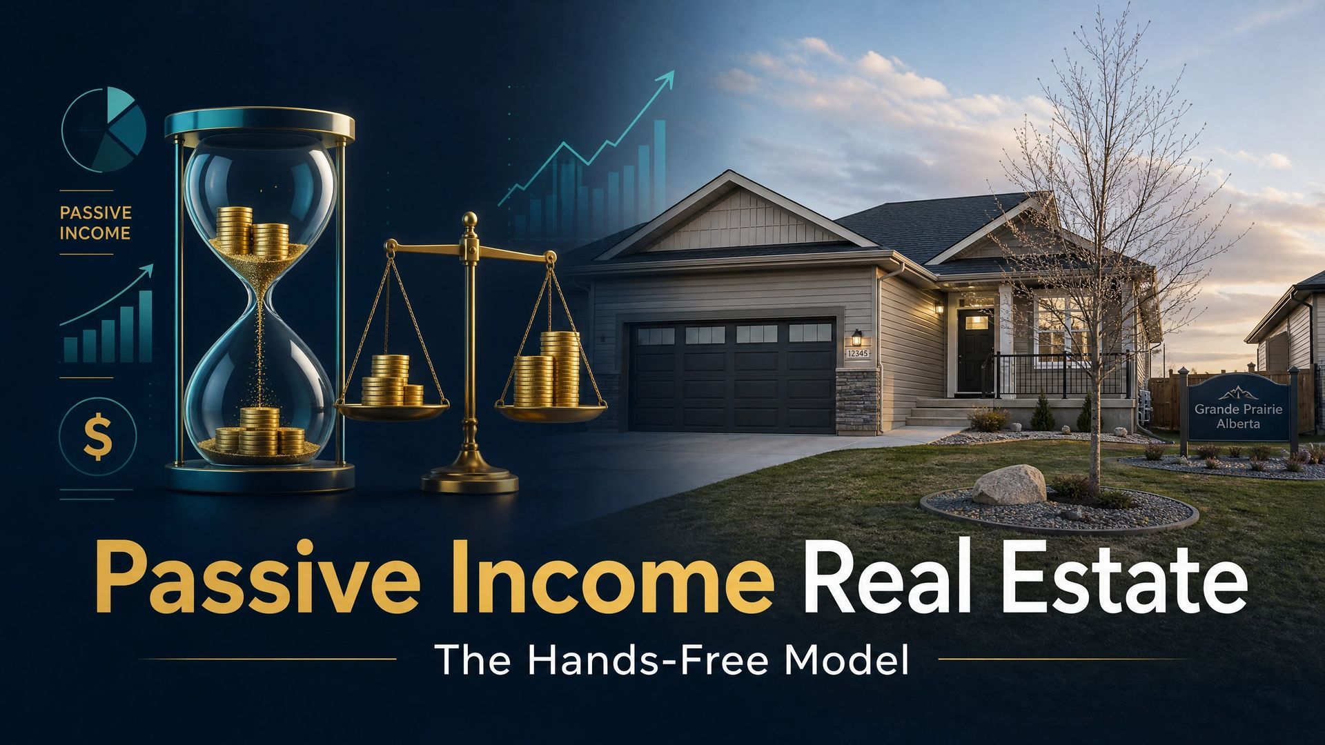Passive income real estate graphic with house, hourglass, scales, and gold icons on dark blue background