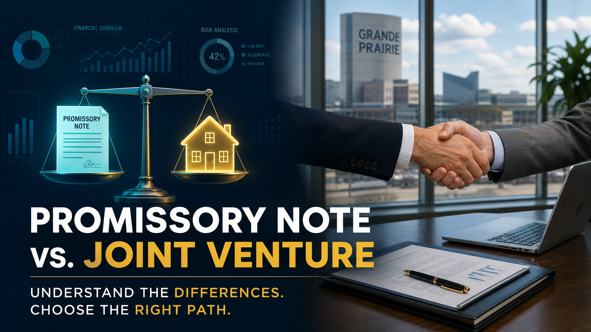 Split-screen handshake over laptop; text: “Promissory Note vs. Joint Venture” in a modern office.