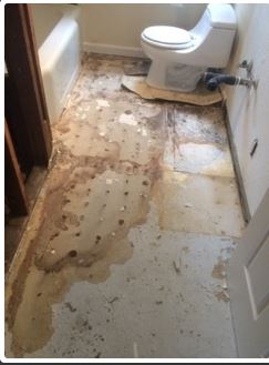 Bathroom floor with peeling tile and stains; toilet and bathtub present.