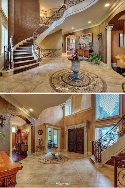 Two photos of a grand foyer with curved staircase, detailed flooring, ornate railing, and fountain centerpiece.