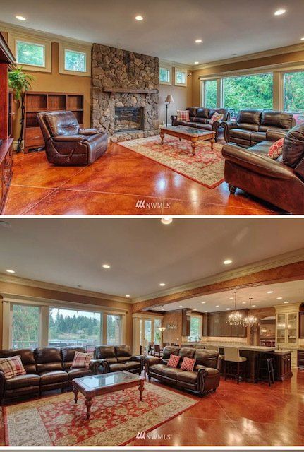 Two living room views: fireplace, brown leather sofas, red rug, and large windows.