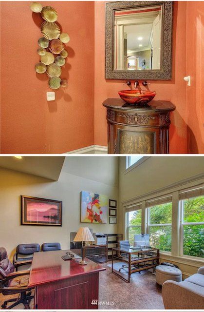 Top: Orange wall with flower art, carved cabinet, and mirror.
Bottom: Office with desk, artwork, and windows.