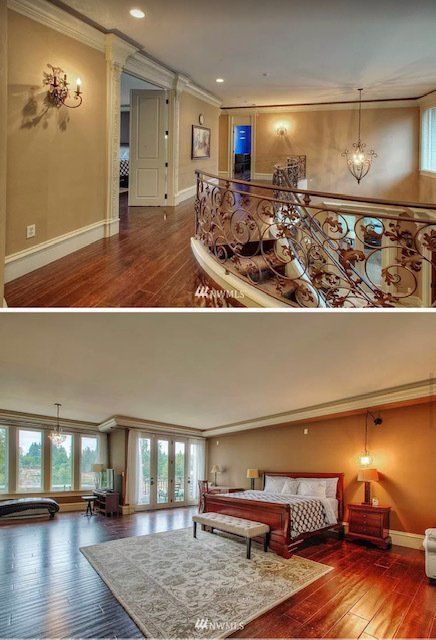 Two interior views of a home: a hallway with a staircase and a master bedroom with large windows and hardwood floors.