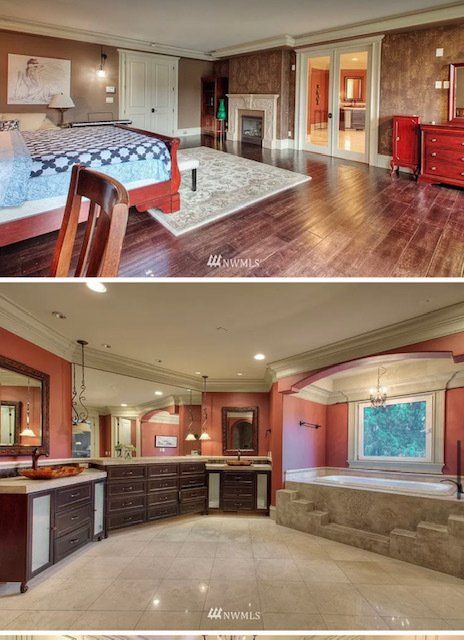 Top: A luxurious bedroom with a bed, fireplace, and red accents. Bottom: A bathroom with a jacuzzi and double sinks.