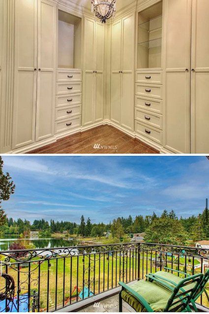 Top: Elegant walk-in closet with cream cabinets and drawers. Bottom: Lakeside balcony with green chair and railing.