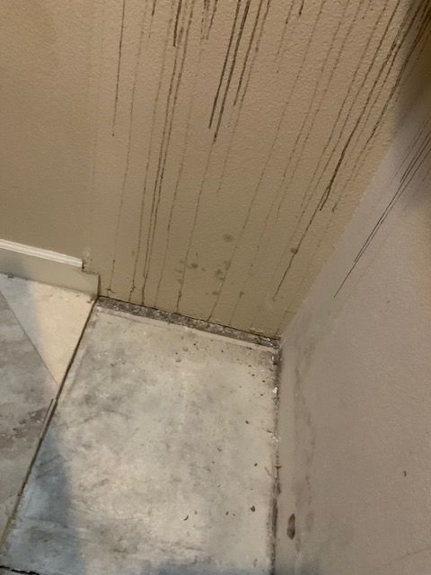 Gray, stained concrete floor and beige walls with dark streaks from water damage in a corner.