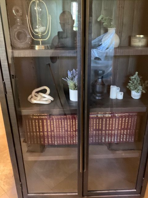 Dark wood cabinet with glass doors displaying books, decor, and shelves.