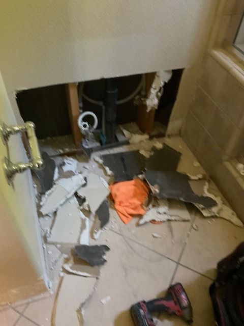 Bathroom wall demolished, plumbing exposed, debris on floor.