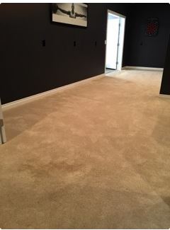 Beige carpeted room with dark walls, a doorway, and artwork.