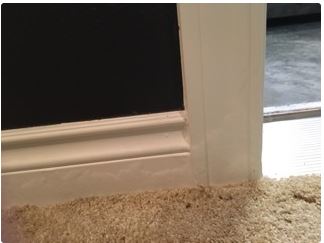 White trim around a doorway meets tan carpet. Black space of door visible.