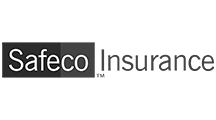 Safeco Insurance logo with text in a dark gray rectangle.