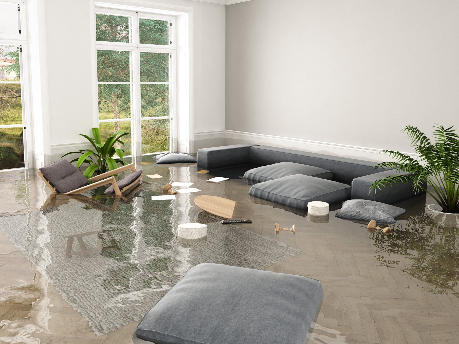 Flooded living room; water on floor, floating cushions, furniture, and debris. Bright window in background.