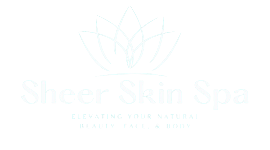 The logo for sheer skin spa is a lotus flower on a blue background.