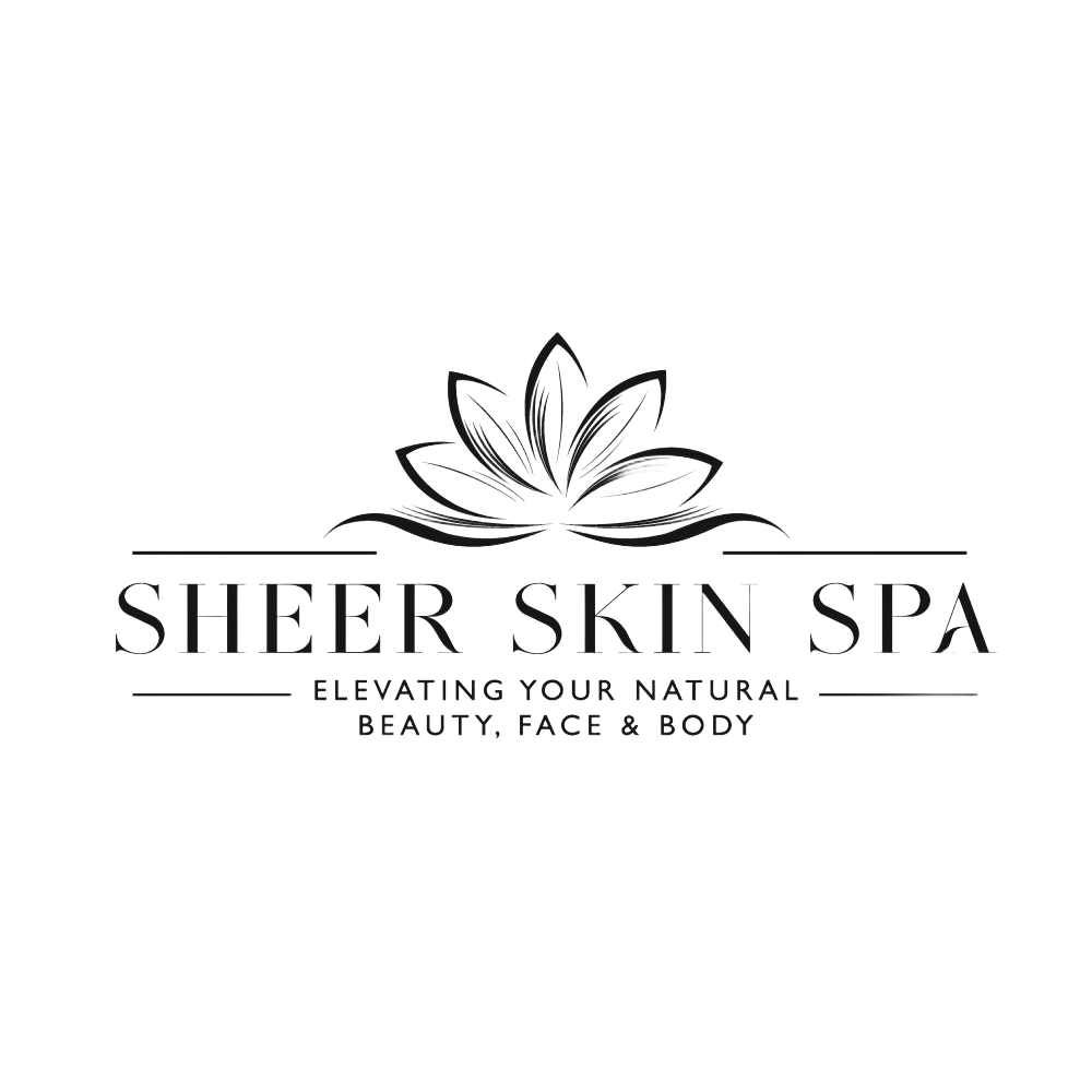 The logo for sheer skin spa is a lotus flower on a blue background.