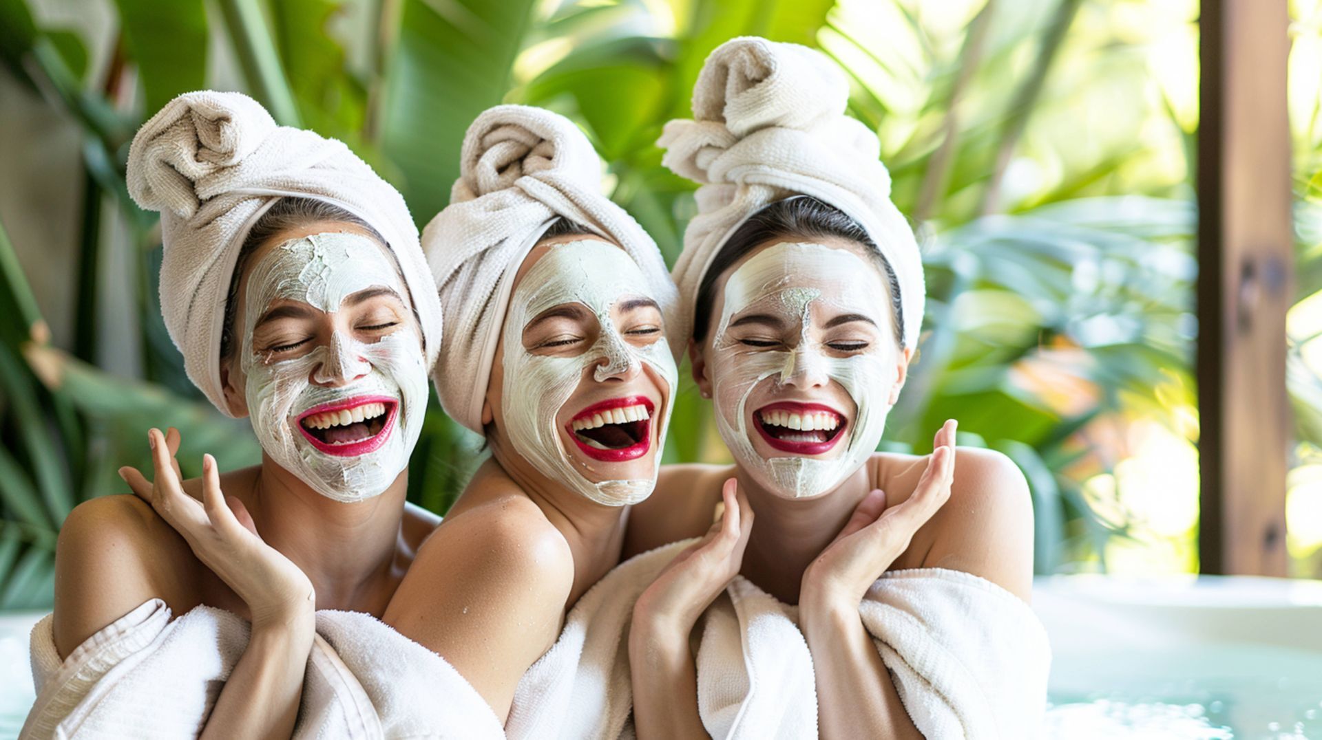 Three women laugh, wearing facial masks and towels, in a spa setting.